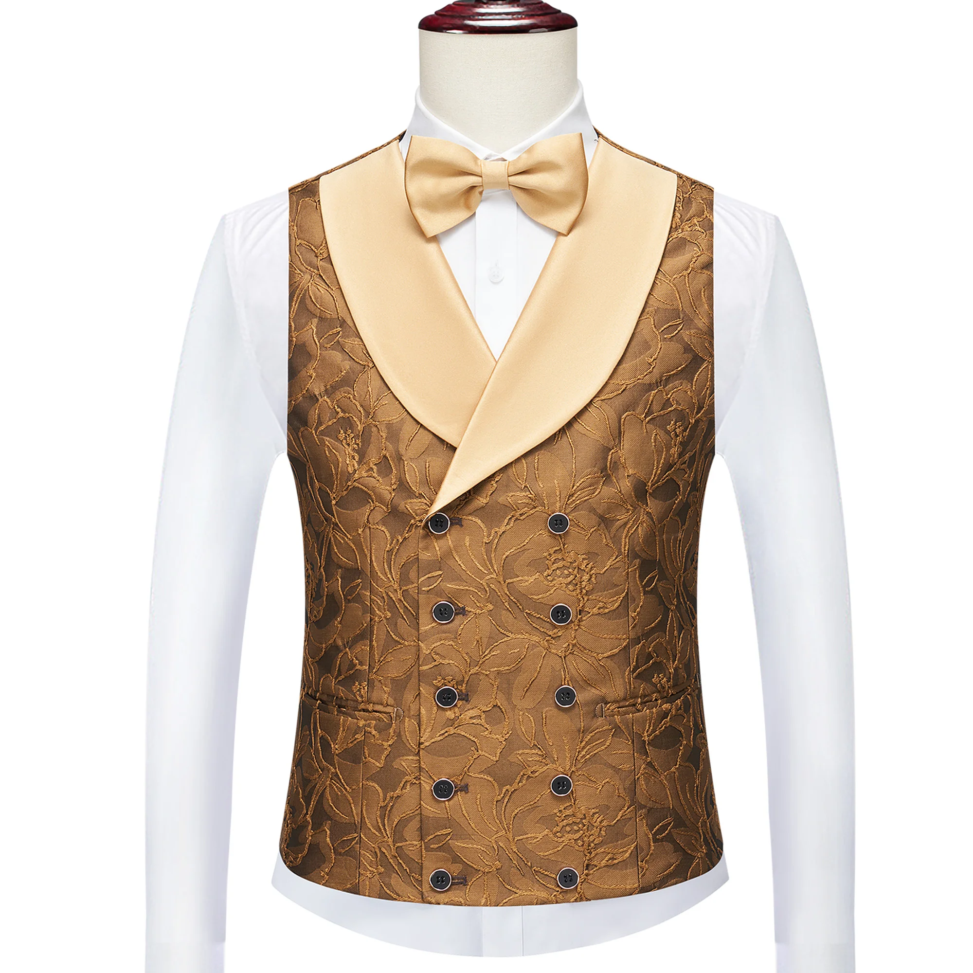 

Thorndike Customized Gold Lapel Brown Floral Jacqaurd Men's Waistcoat Elegant Party Male Dance Tuxedos Vest