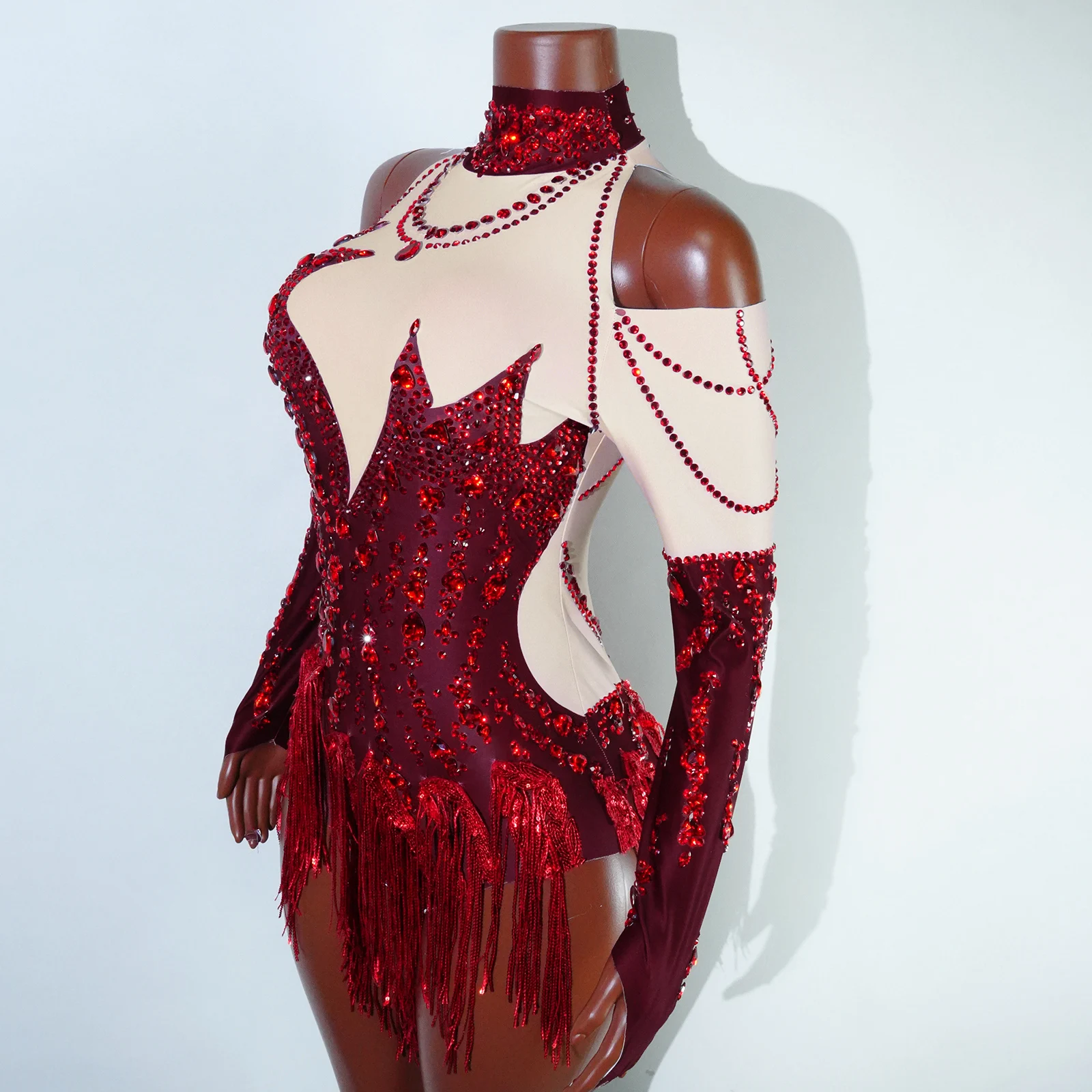 Abito da palcoscenico Abito da donna Sexy con strass Body Nappe rosse Costumi Drag Queen Pole Dance Nightclub Party Performace Wear