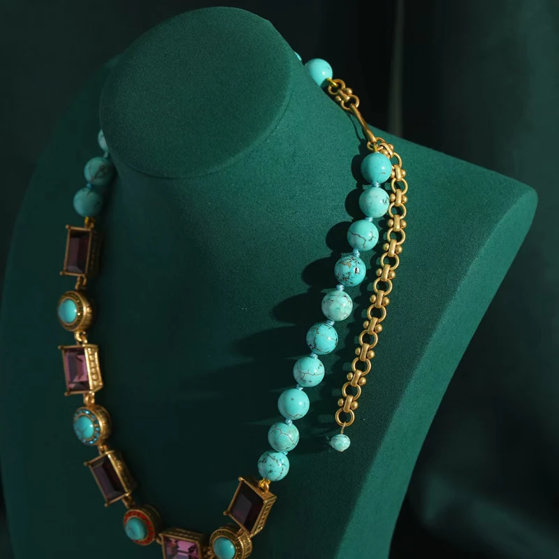 

Vintage Beaded Turquoise Necklace Bohemian Jewelry Woman Square Purple Glass Stone Chain Gold Color Accessories Luxury Designer