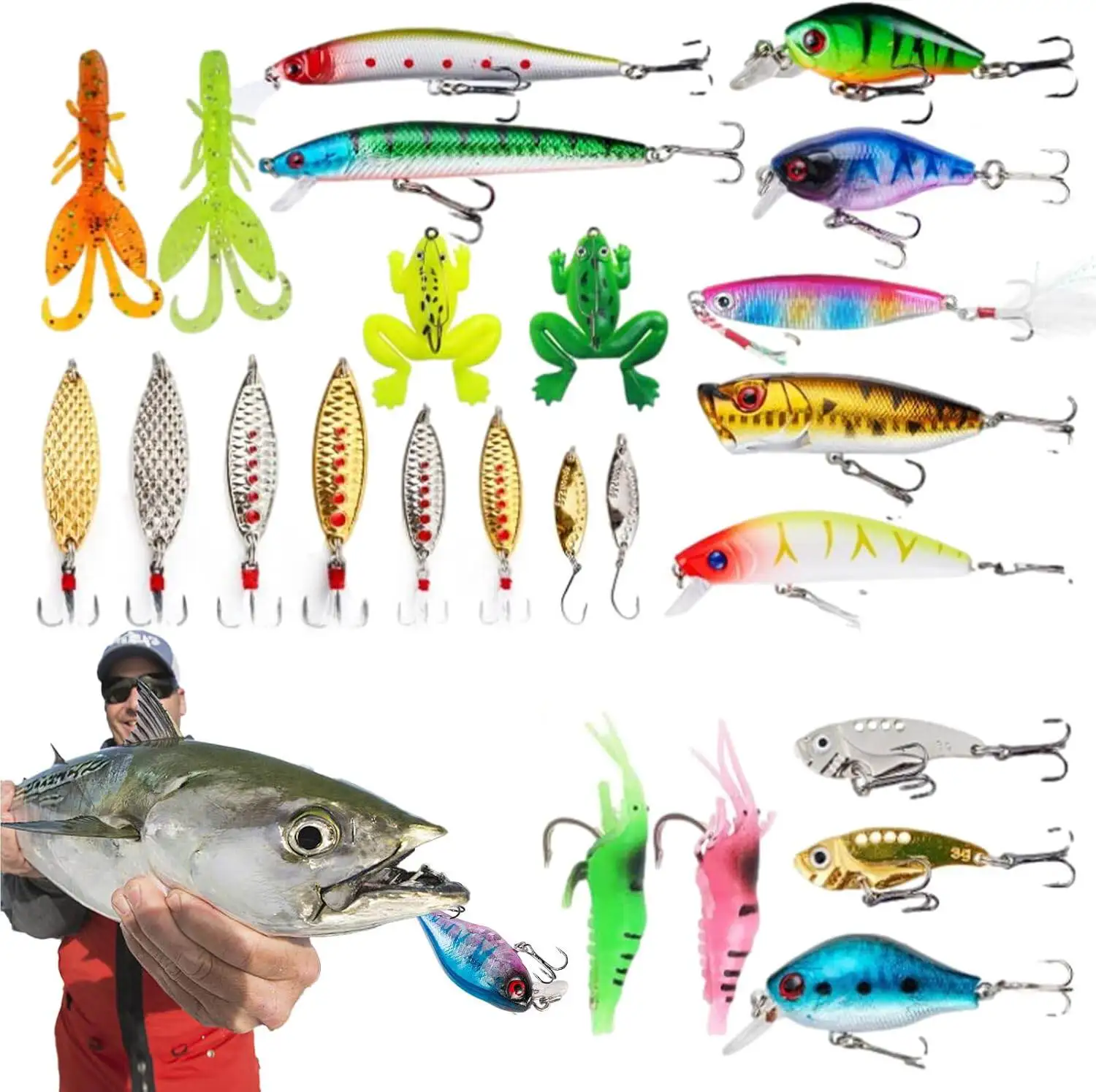 22pcs Fishing Lures Kit Mixed Including Frogs Crank Baits with Hooks for Saltwater Freshwater Trout Bass Salmon Fishing