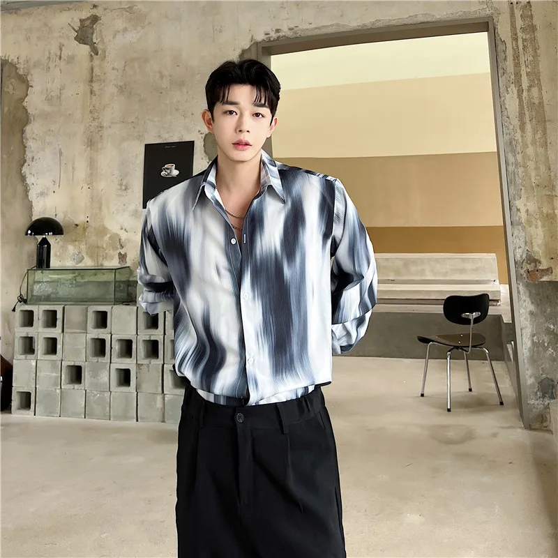 

Summer Men's Long Sleeve Shirt Dyed Gradient Loose Fit Printed Thin Hanging Feel Korean Style Casual Shirt Top Polyester Blend