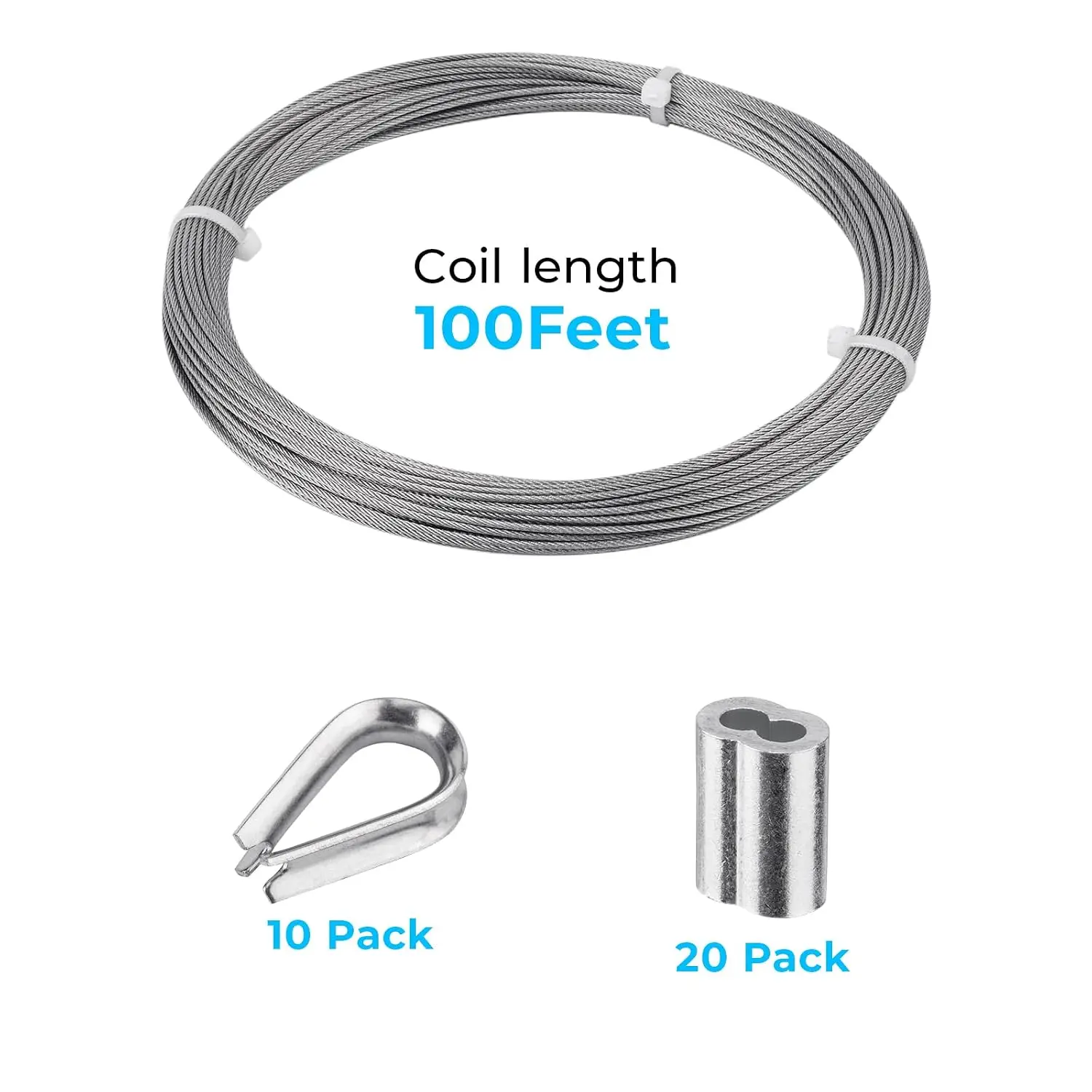 Stainless Steel Wire Cable,100FT,Steel Cable Wire Rope Marine Grade, Length 7x7 Strand Core with Aluminum Sleeves and Thimbles