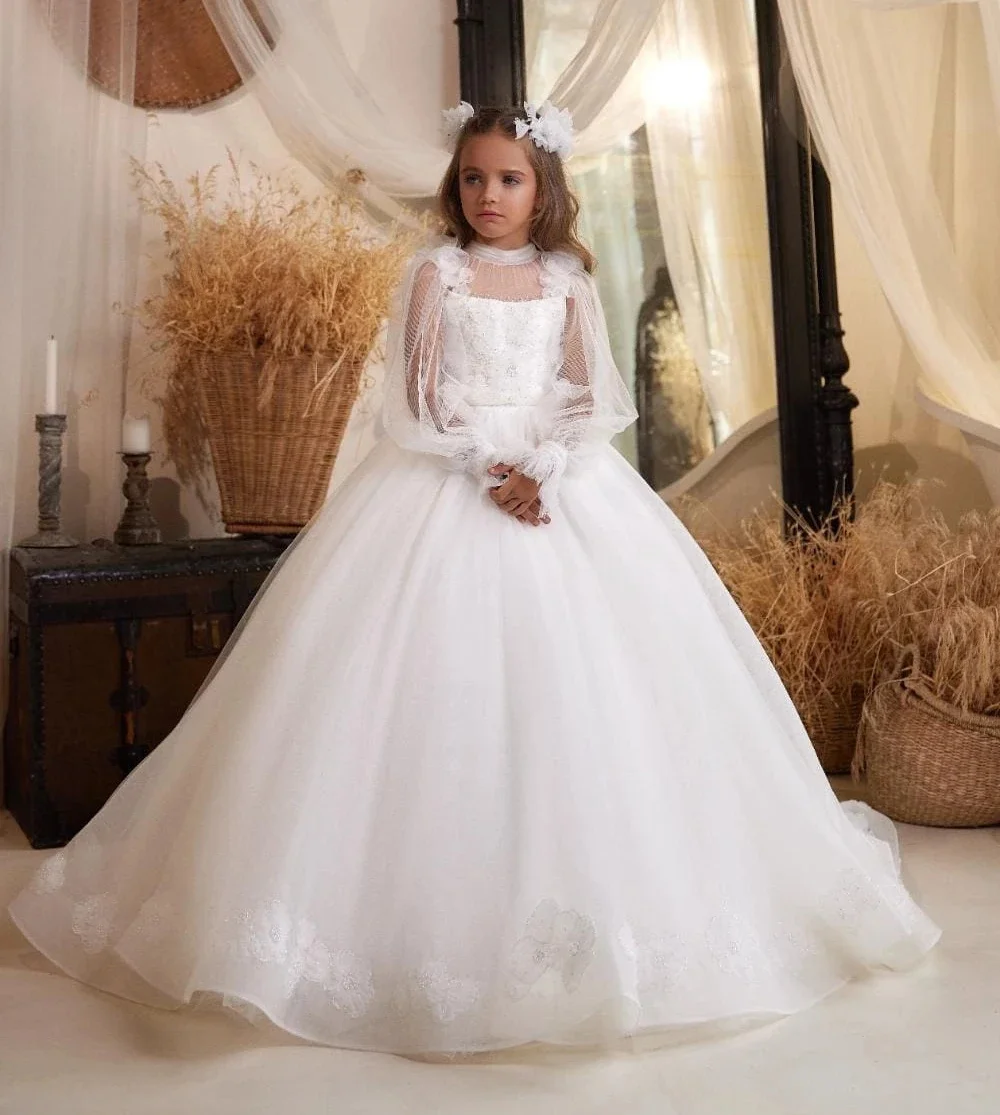 Abito da ragazza di fiore con fiocco in pizzo gonfio con applicazioni in tulle bianco per matrimonio, primo abito da festa di compleanno eucaristico per bambini