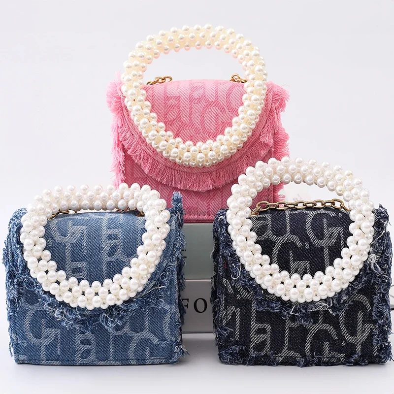 New Popular Fashion Heavy Industry Women's Pearl Crossbody Beaded Chain Bag Denim Mini One Shoulder Phone Bag Zero Wallet