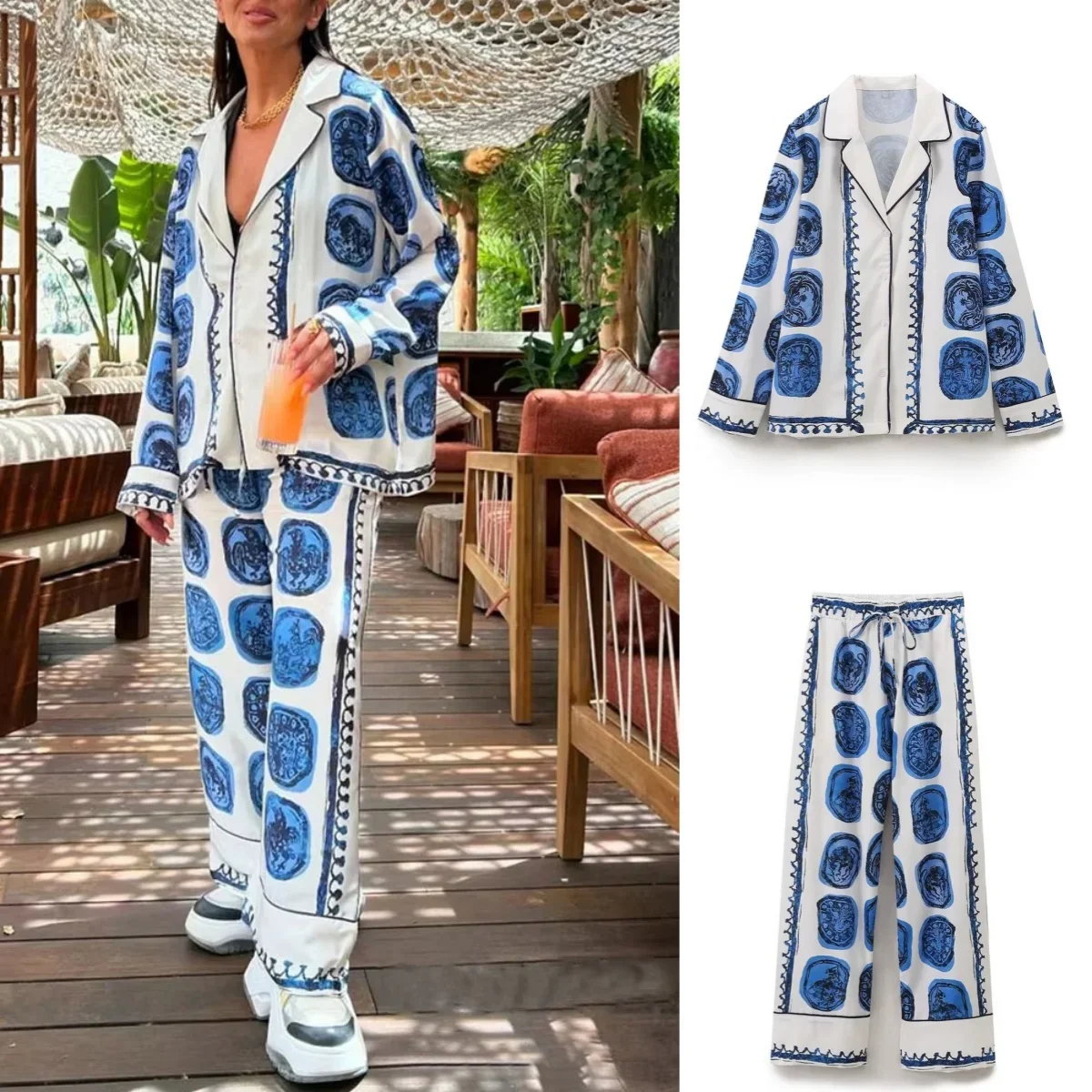 

Весна/лето 2023, рубашка с принтом, брюки с лацканами и пуговицами, топ с завязками, эластичный пояс, прямые брюки с высокой талией, атласный комплект