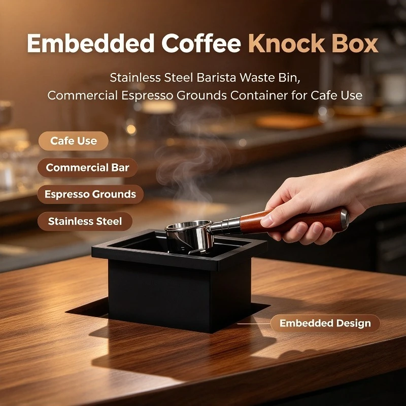 Embedded Coffee Knock Box, Stainless Steel Barista Waste Bin, Commercial Espresso Grounds Container for Cafe Use