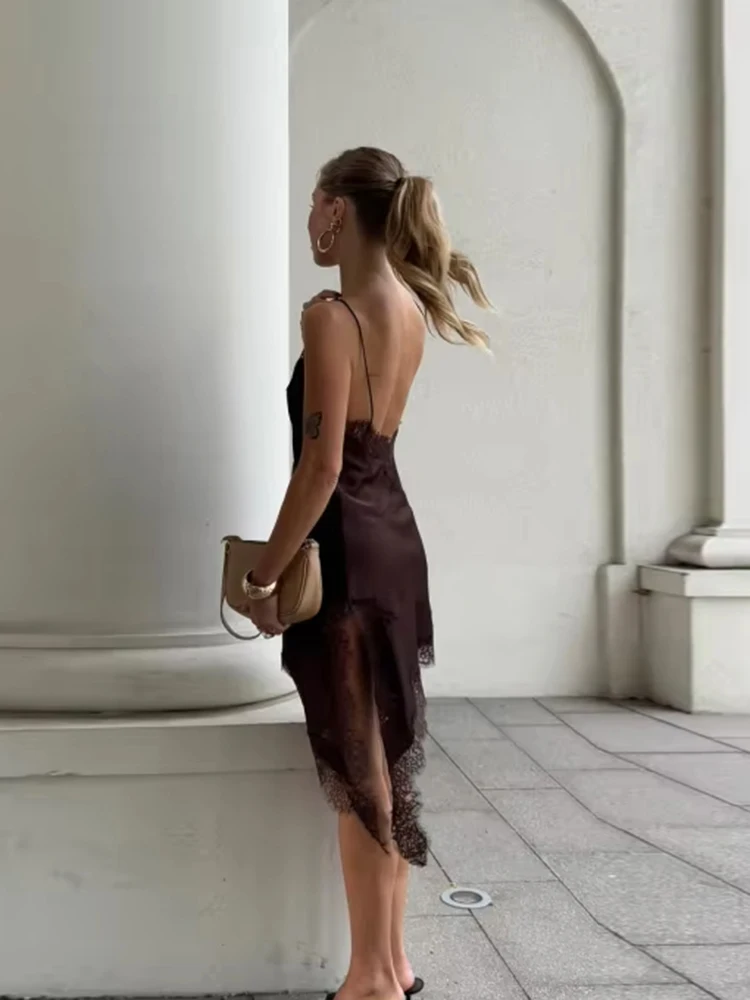 Vestido de satén suave con tirantes para mujer Vestido sexy sin espalda con ribete de encaje Vestido de fiesta retro Elegante vestido con escote en V y hombros descubiertos