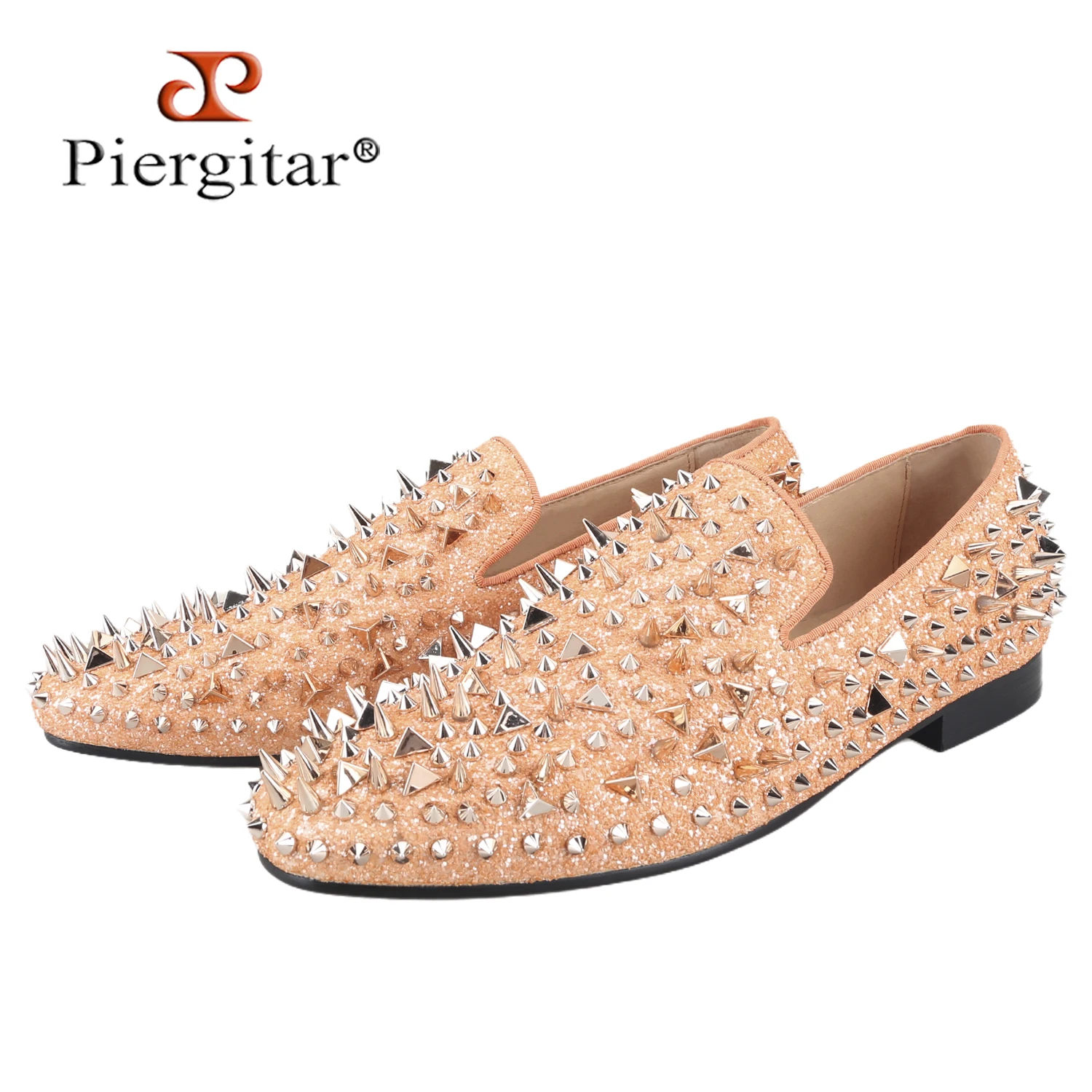 Piergitar Handmade Gold Spikes Of Glitter Slip-On Slippers For Party And Banquet Wear Luxurious Red Color Sole Men's Loafers