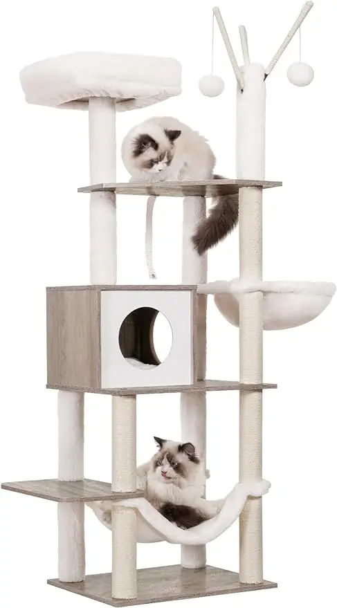 

Hey-brother Wooden Cat Tree,55.5“ Cat Furniture with Scratching Posts, Modern Tower with hammocks, Toys, condo, Rustic