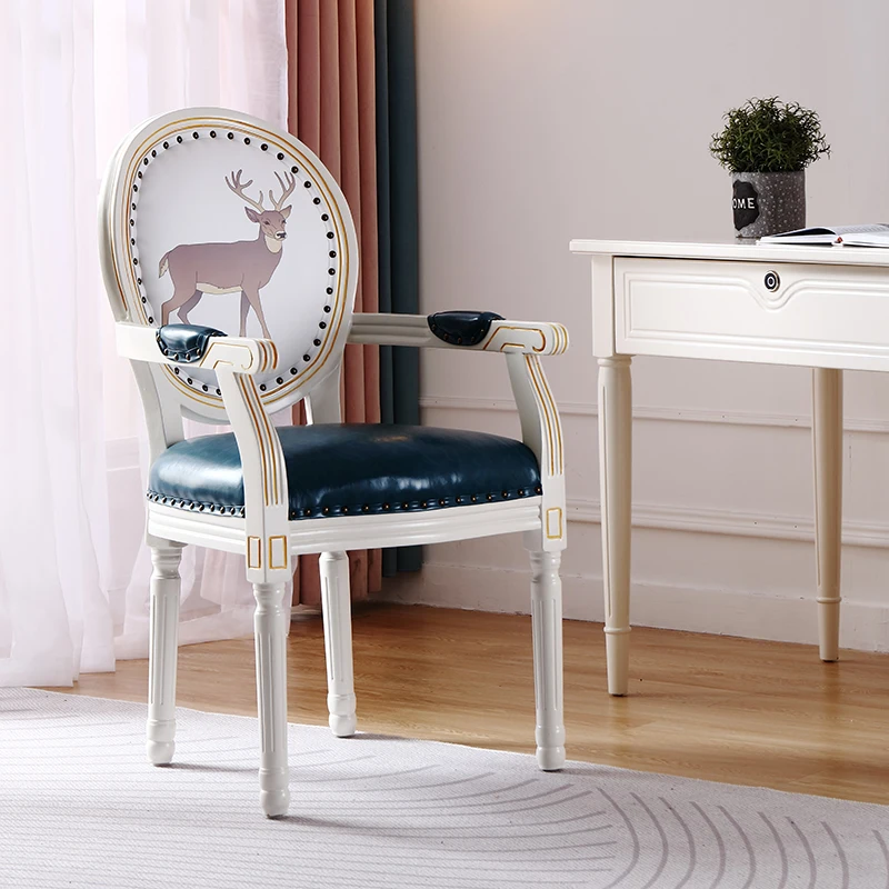 

Korean Book Chair Solid Wood Dining Seat American Country Leather Art Belt Armrest Book White Computer