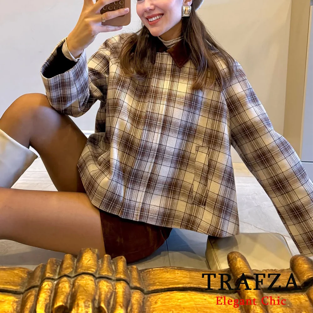 TRAFZA-Women Elegant Plaid Cape Jacket Lapel Zipper Pocket Jacket Coat New 2025 Fashion Spring Fall Date Preppy Prairie Y2k Coat