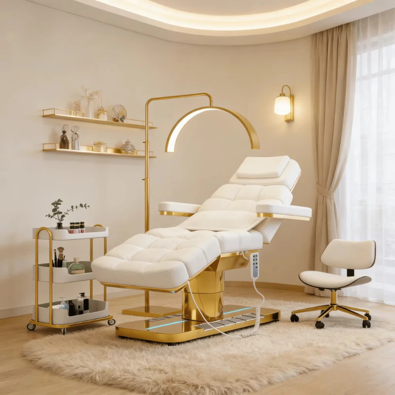 Beauty Salon Gold Base Fabric Lash Chair  Beauty Bed Salon Massage Table and Bed for Eyelash Facial Bed 4 Motors