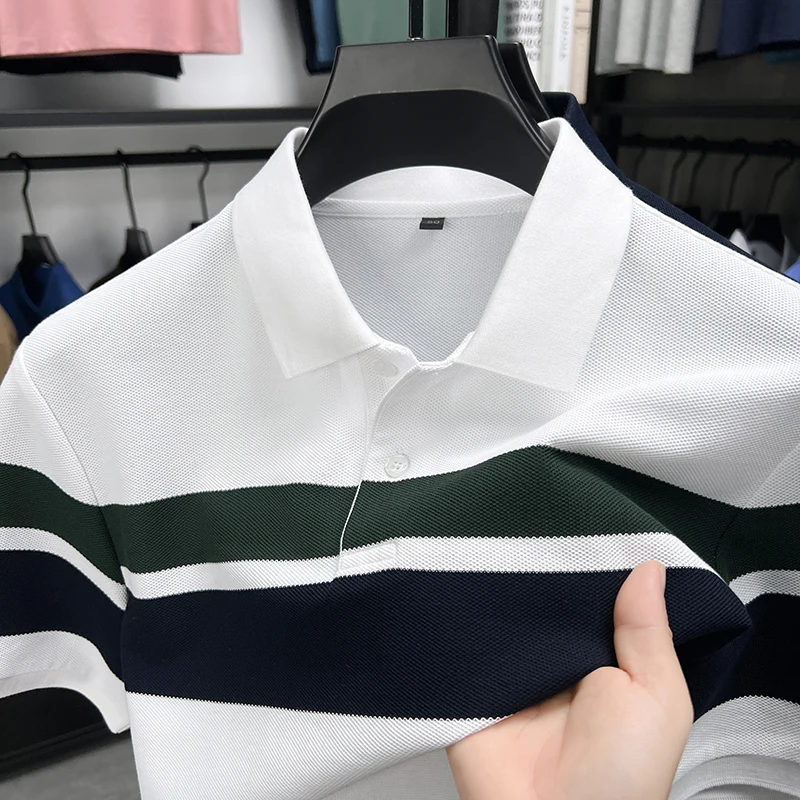 

Мужская рубашка поло с коротким рукавом, дышащая полосатая рубашка с нагрудным лацканом, летняя деловая повседневная классическая офисная трендовая модная футболка, мужская одежда