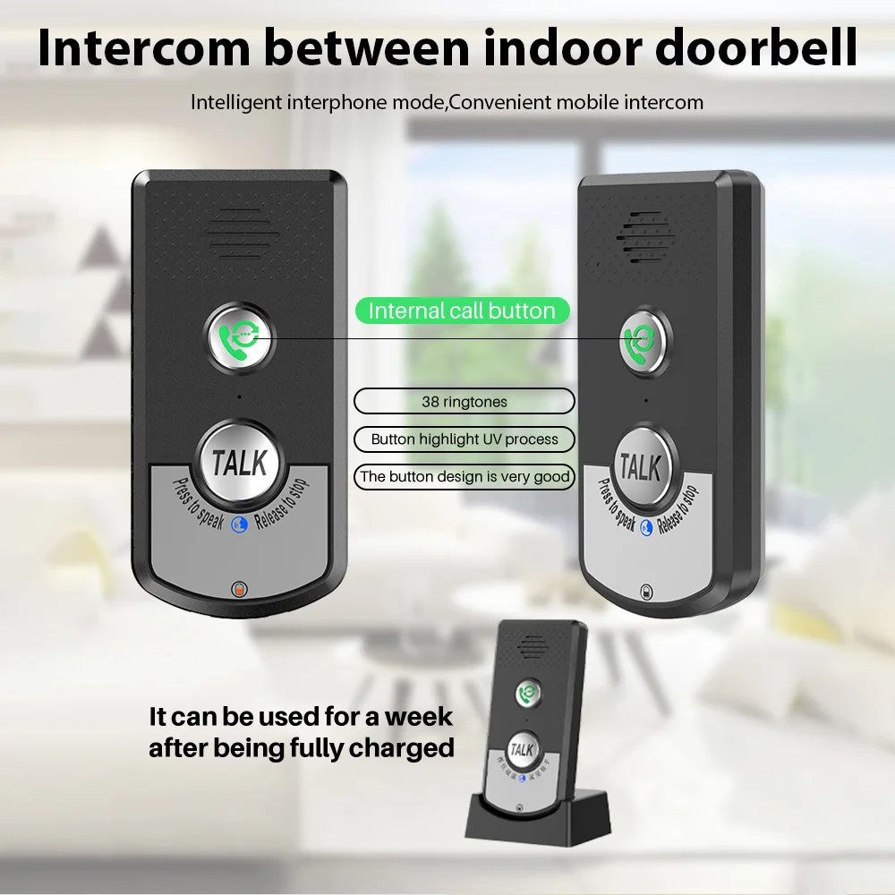 Wireless Doorbell Intercom Smart Intercom Doorbells for Home Real-Time Two-Way Communication 3Volume Level 1000m/3280ft Doorbell