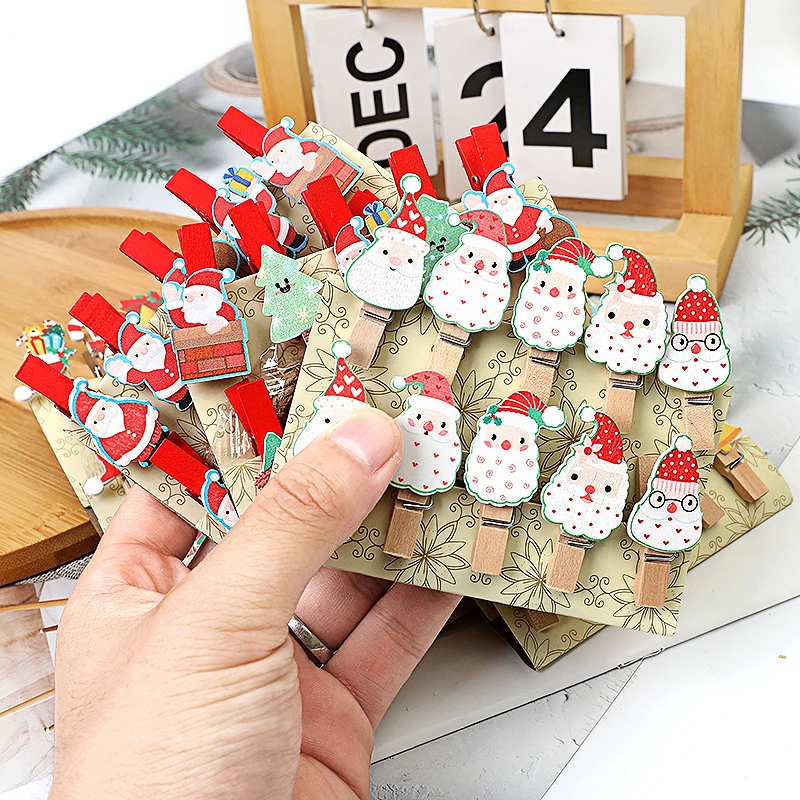 

10PCS Christmas Wooden Clips New Year Party Decoration Photo Wall Clip Santa Claus Snowman DIY Clips Hanging For Home Decoration