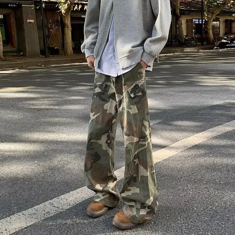 American Retro Camouflage Pants Men's Spring Autumn Loose Wide Leg Workwear Trousers Casual Straight Cut Denim Jeans