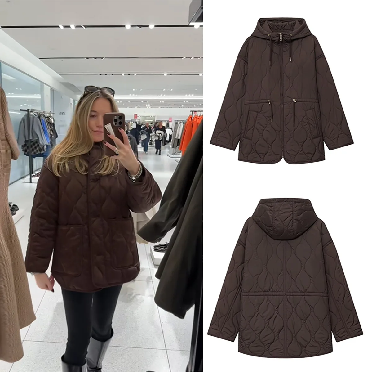 

Женская куртка с капюшоном на шнурке, свободные карманы на молнии, однотонная парка, лоскутное пальто прямого кроя, повседневное универсальное новое пальто