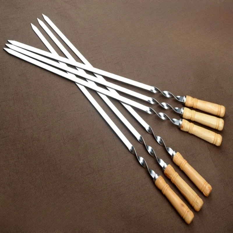 55cm 6pcs BBQ Stickers Reusable Stainless Steel BBQ Kebab  Skewer with Wooden Handle Outdoor Camping Picnic Tools Cooking Tool