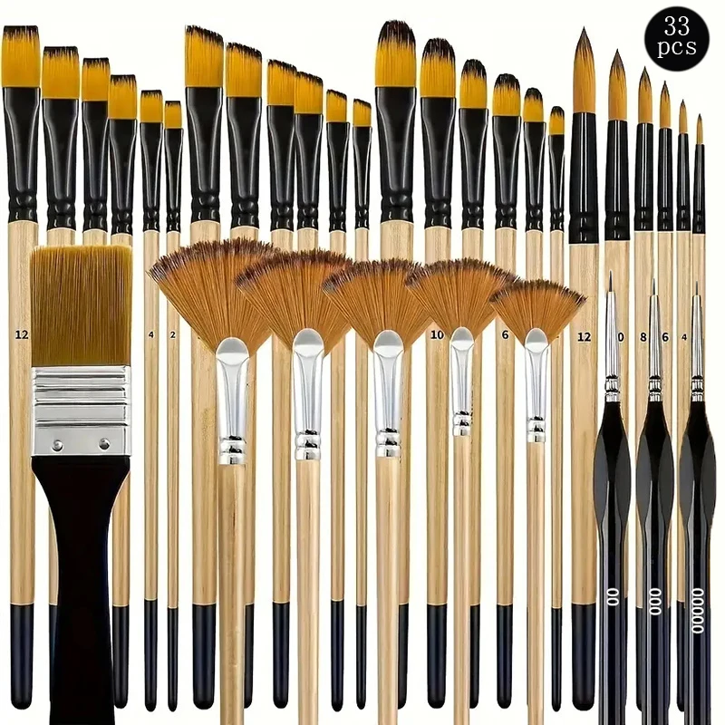33pcs multi model art brush set, nylon bristles, circular, flat, fan-shaped, detail angle brushes, suitable for beginners