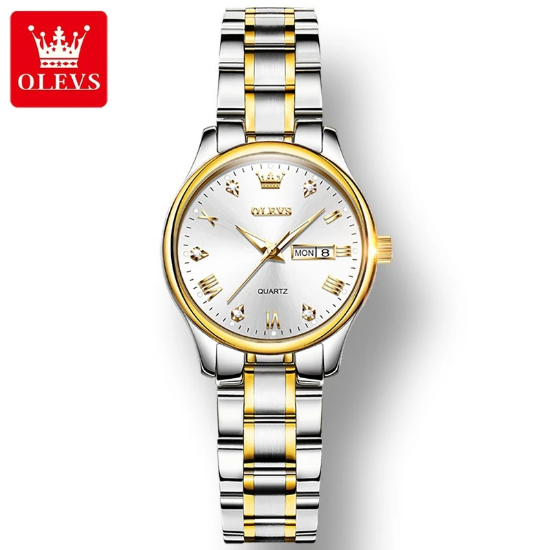 

OLEVS 5563 Fashion Quartz Watch Gift Round-dial Stainless Steel Watchband Week Display Calendar Luminous