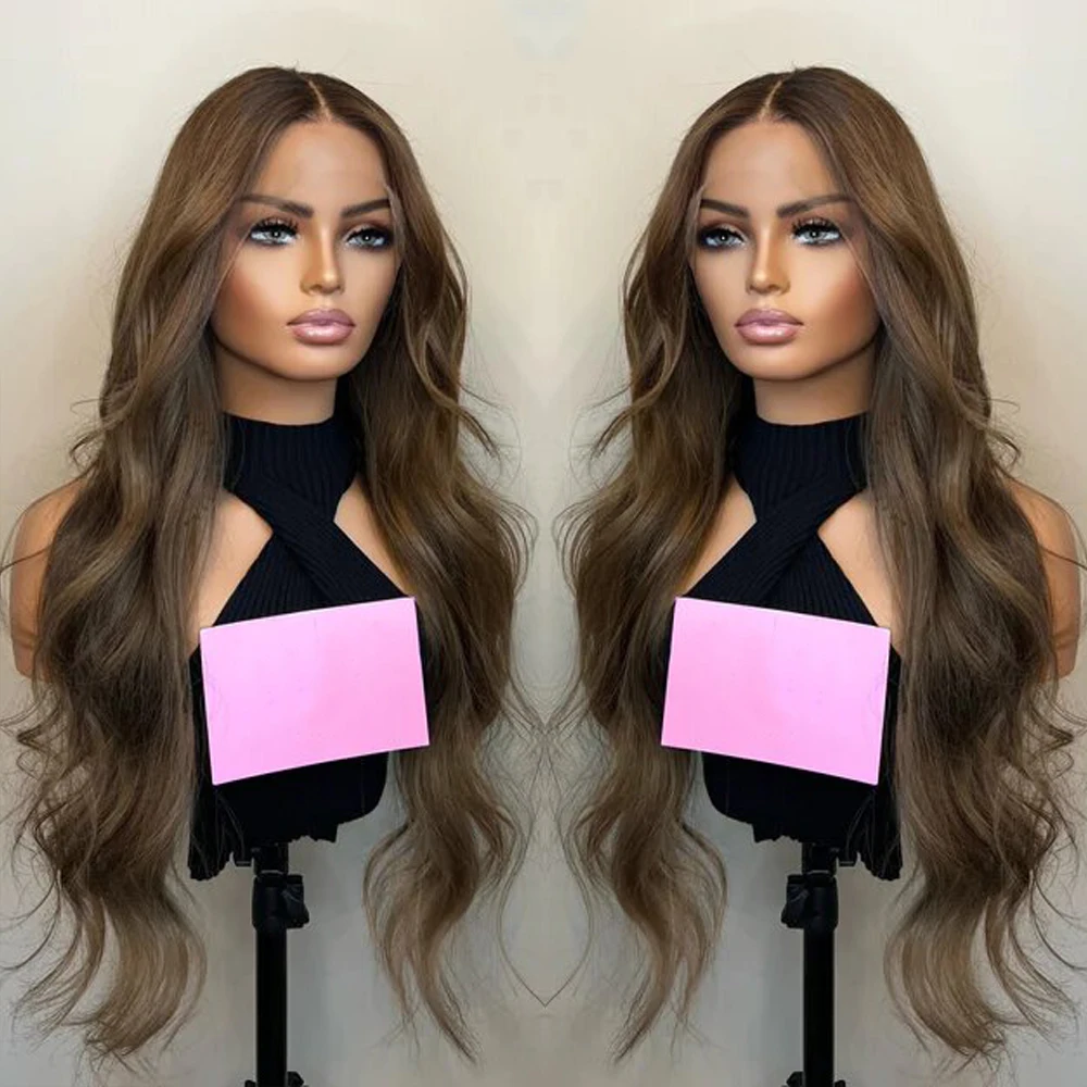 RONGDUOYI Toffee Brown Body Wave Synthetic Wig Long Straight Natural Hairline Lace Front Wigs Makeup Cosplay Women Use