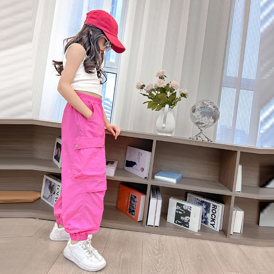 Girls Cargo Pants Solid Color Trousers Girl Spring Autumn Children Trousers Casual Style Girl Clothes 6 8 10 12 14