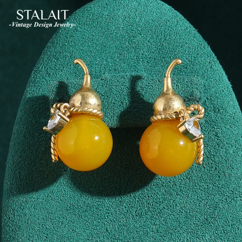 

Vintage Yellow Stone Gourd Earrings Jewelry Chinese Gold Color For Woman Glass Antique Luxury Designer Brands High Quality 2025