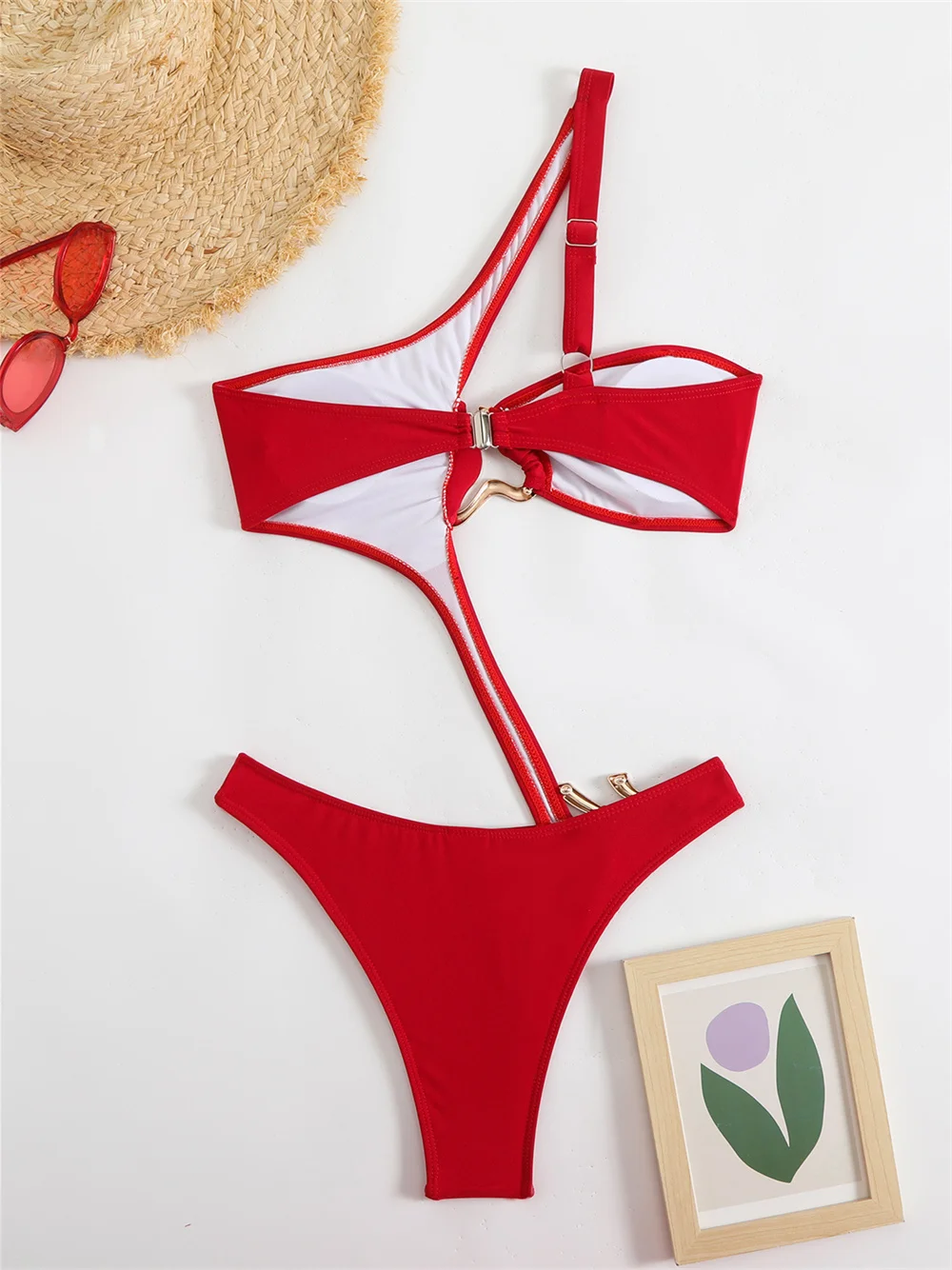 ไม่สม่ําเสมอ Hollow Out Buckle บิกินี่หนึ่งไหล่ชุดว่ายน้ํา Monokini ชุดบิกินี่ผู้หญิงวันหยุดชุดว่ายน้ําชายหาดชุดว่ายน้ํา