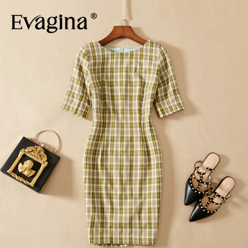 

Evagina Checkered Printing Mini Dress 2024 Spring Summer New Women's Short Sleeve Commuter Office Lady Dresses