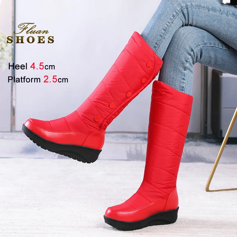 

Зимние высокие сапоги на танкетке 4,5 см, непромокаемые нескользящие хлопковые туфли на толстой платформе, теплые женские зимние высокие сапоги на пуху, размер 35-44