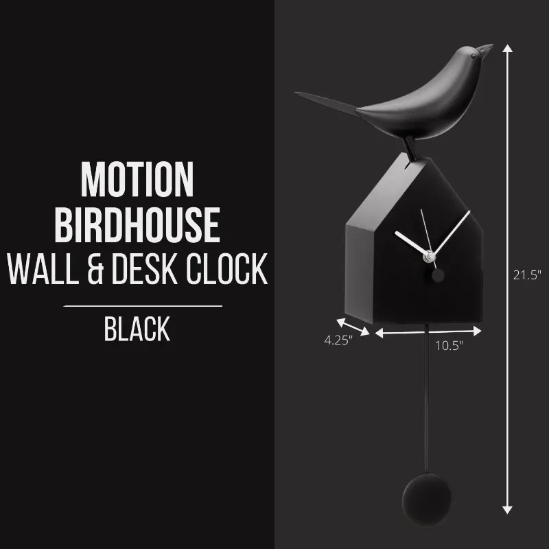 Motion Birdhouse Wall Clock with Beak Movement and Detachable Pendulum for Tabletop Placement - Mid Century Modern