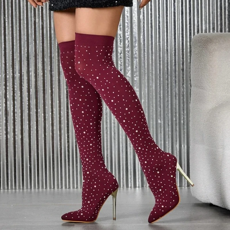

Роскошные высокие сапоги до бедра из эластичной ткани со стразами, женские пикантные дизайнерские сапоги выше колена на тонком каблуке с острым носком