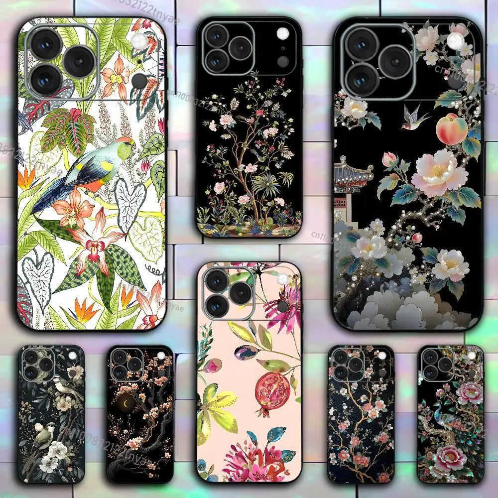 

INS Elegant Floral Bird Botanical Clear Silicone Case for iPhone 17,16,15,14,13,12,11,Pro,Max,Mini,XS,X,8,Plus Shockproof Cover