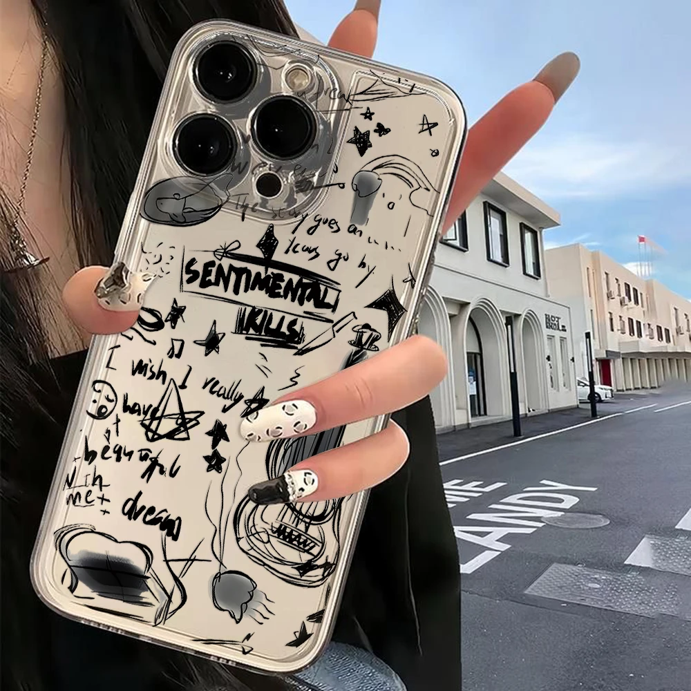 Black Guitar Music Cat Phone Case For iPhone 16 15 14 13 12 11 Mini Pro Max X XR XSMax 7 8 Plus SE20 luxury Transparent Cover