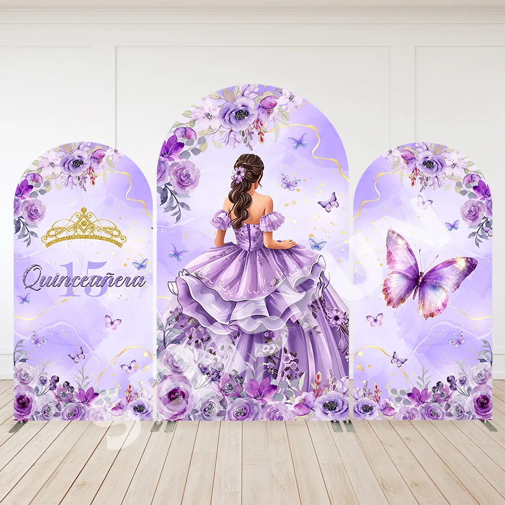 

Mis Quince Girl 15th Birthday Arch Backdrop Cover Purple Floral Butterfly Quinceanera Party Decor Arched Wall Party Background