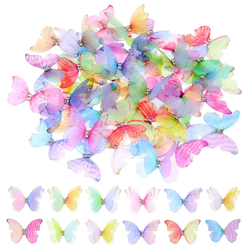 50 Stück 5cm 3D Doppelschichtige Schmetterlings-Applikationen Stoff DIY Bastelbedarf Hochzeit Geburtstag Party Heim Wanddekoration Haaraccessoires