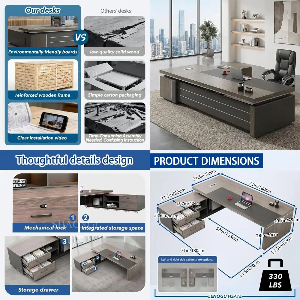 

Угловой офисный стол руководителя с системой организации кабелей, ящиками и местами для хранения, 71Д x 63Ш x 30В (дюймы)