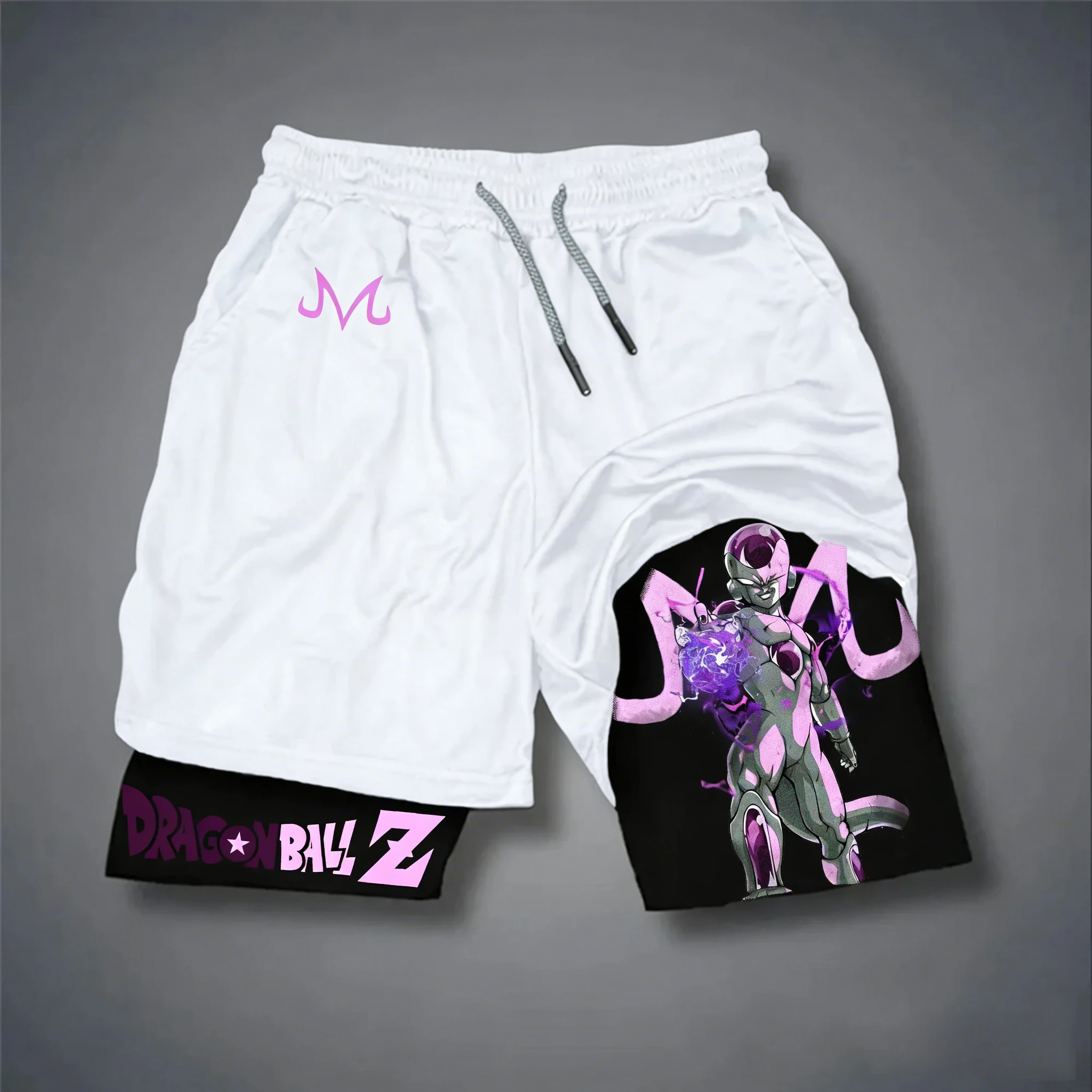 Bandai Dragon Ball Goku bedrukte dubbellaagse shorts, losse zomers zweetafvoerende en ademende sportshorts voor heren en dames