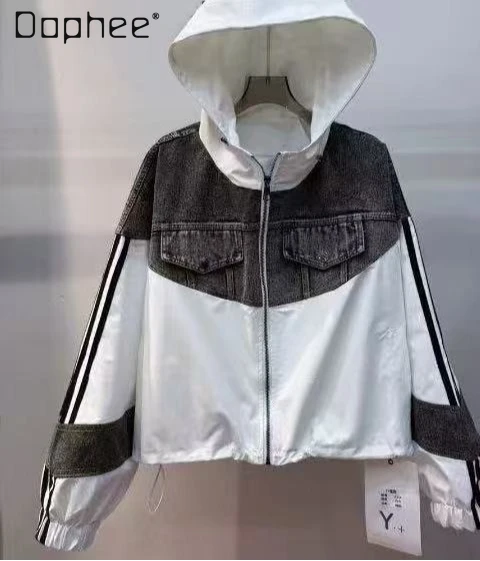 

European-style Jacket for Women 2026 Spring New Model Denim Patchwork Design Trendy Hooded Jacket Coat Women