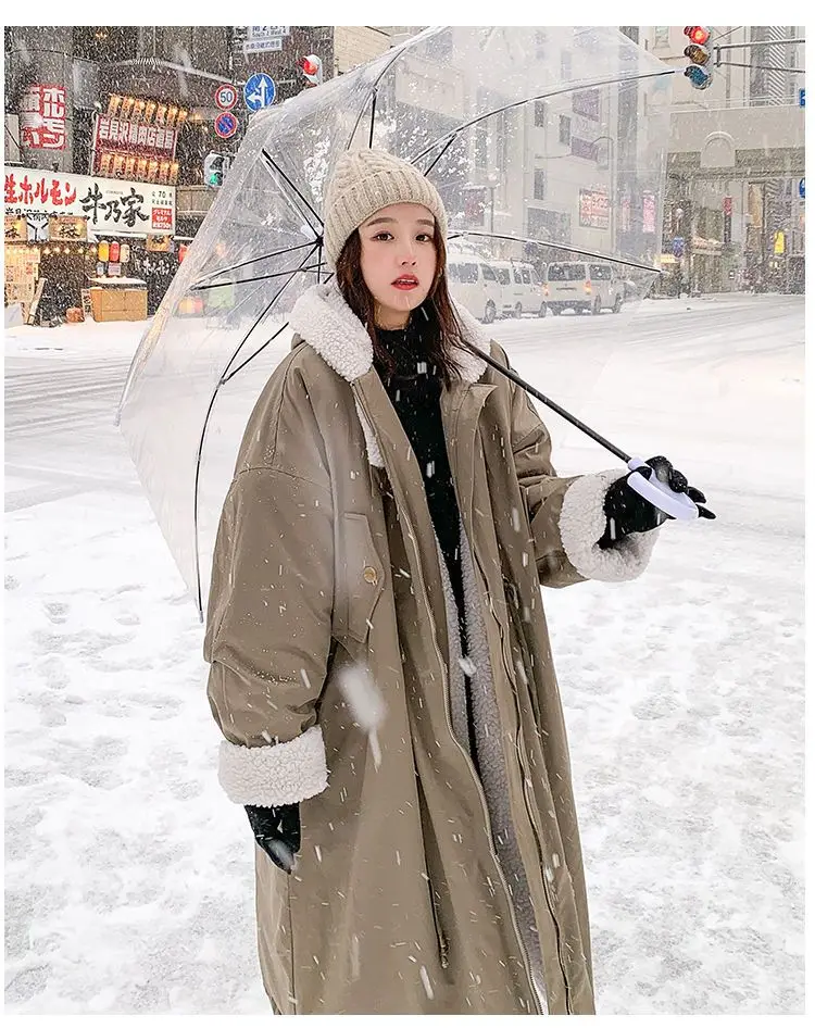 Lamb wool Cotton Jacket Women's Korea Loose 2026 New Winter Plus velvet Snow Parkas Warm Hooded Coat Casual Female Long Overcoat