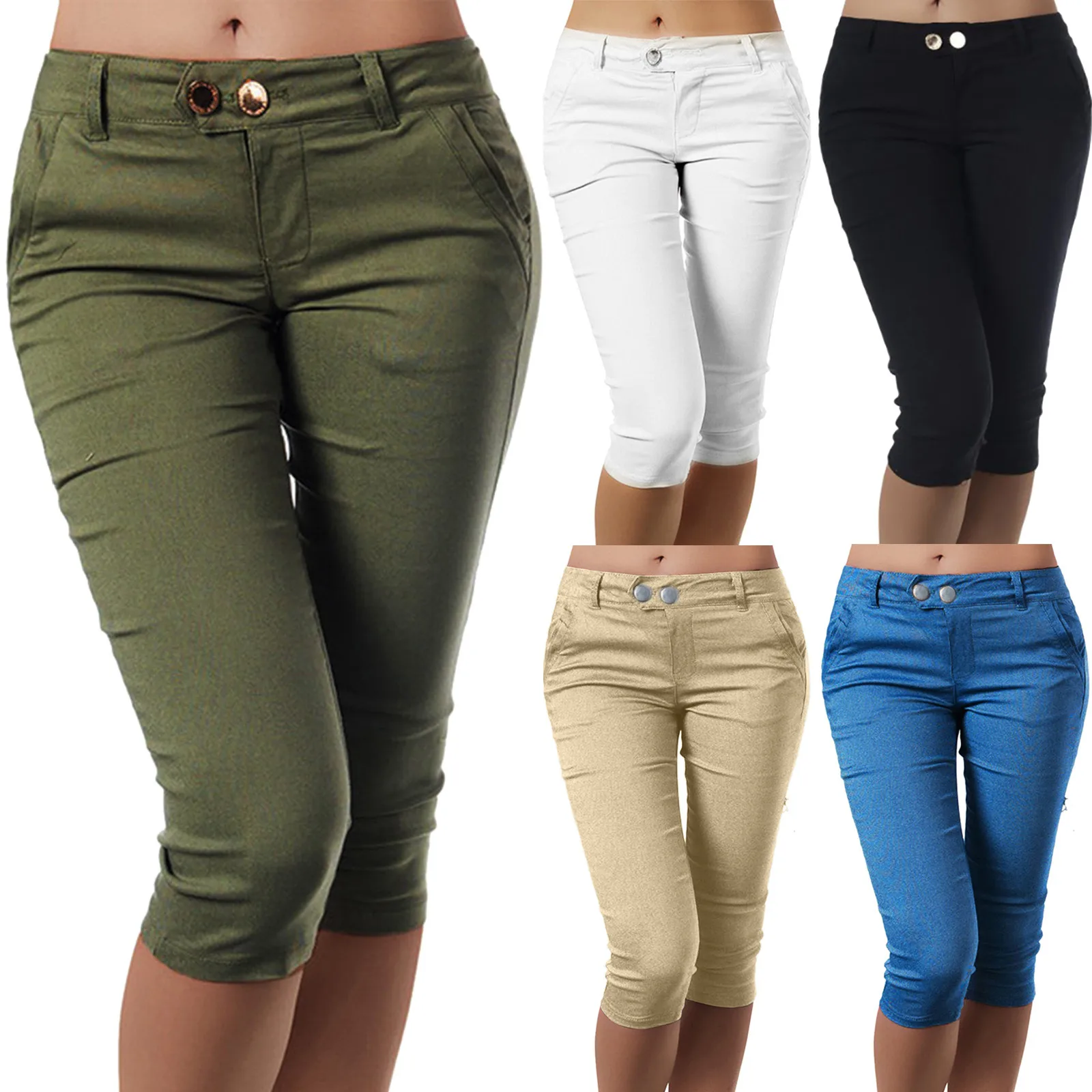 

2023 Women Ladies Pencil Pants Summer Pockets Button Skinny Calf Length Pants Ladies Casual Stretch 3/4 Trousers Female Capris