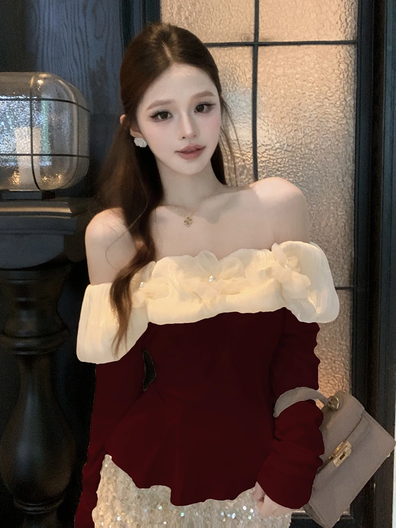 تي شيرت Ele Floral One-oulder بقصة ضيقة طويلة Sve Sweet Base تي شيرت Sli Top لموسم الخريف للسيدات Faion