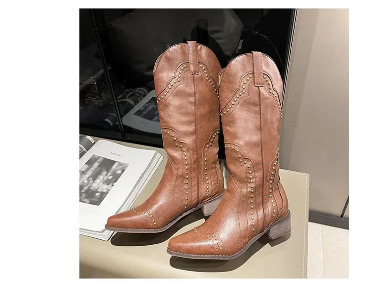 Retro Nieten-Cowboystiefel für Damen 2024 Herbst Klobige Absätze Western-Stiefel Slip-on Spitze Cowgirl-Stiefel – Detail 15