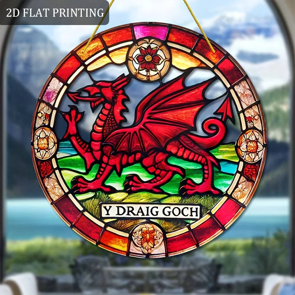 2D Flat, 1pc Welsh Dragon Sun Catcher - 20.32cm X 20.32cm Round Acrylic Stained Glass Design, Double-Sided Printing, Vibrant Col