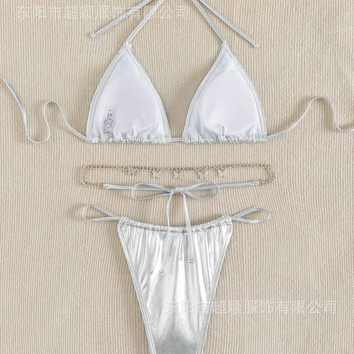 انقسام مثلث حقيبة بيكيني مثير الساخن الفضة بيكيني المرأة الخصر سلسلة فراشة ملابس السباحة الماس مجوهرات السباحة 2025 جديد
