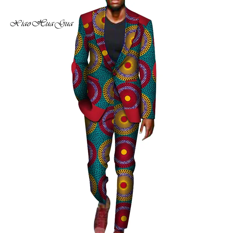 2 Pieces African Pants Sets Mens African Clothing Bazin Riche African Wax Print Blazer Suits and Pants Ankara Clothes WYN716