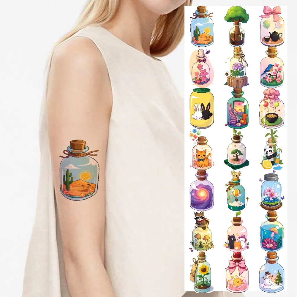 

28pcs Temporary Tattoo Decorative Stickers Cartoon Bottled Art Temporary Tattoo Stickers For Shoulders Cheeks Adults
