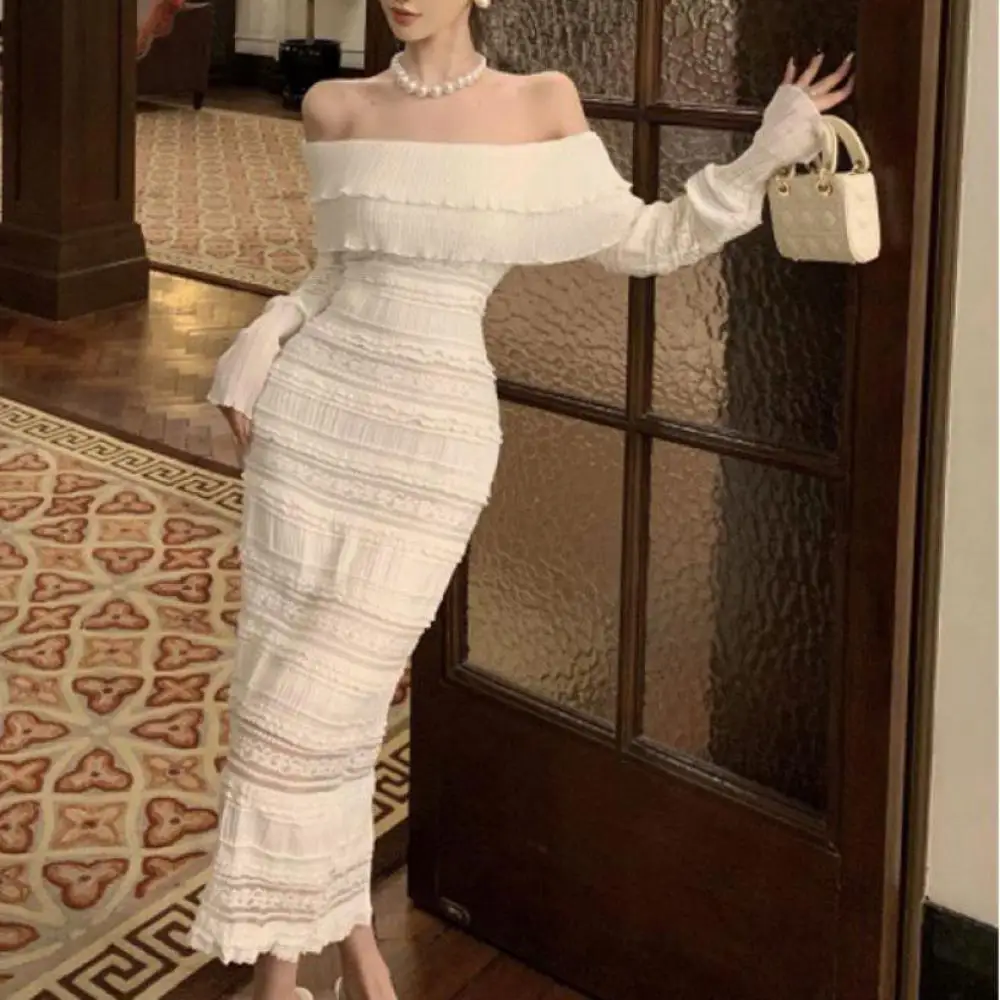 Sexy Female Long Sleeve Dresses Elegant White Lace Midi Dress for Woman Bodycon Midi Dress Beach Office Lady Casual Hip Dress