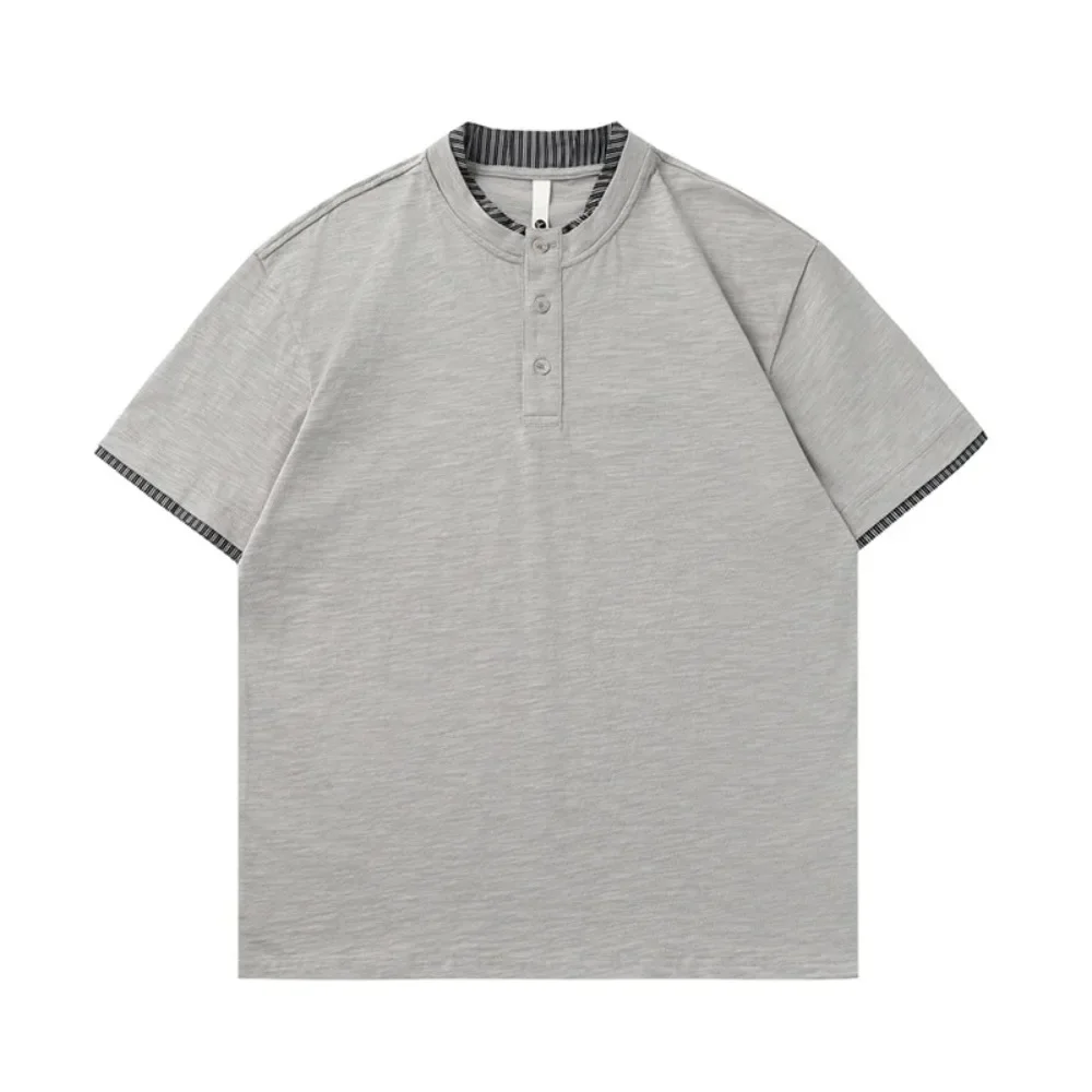 Tops Men Top Henley Collar Short Sleeve Fake Two Piece Striped Splice Pullover Shirt Y2k Streetwear Casual Work Loose Summer