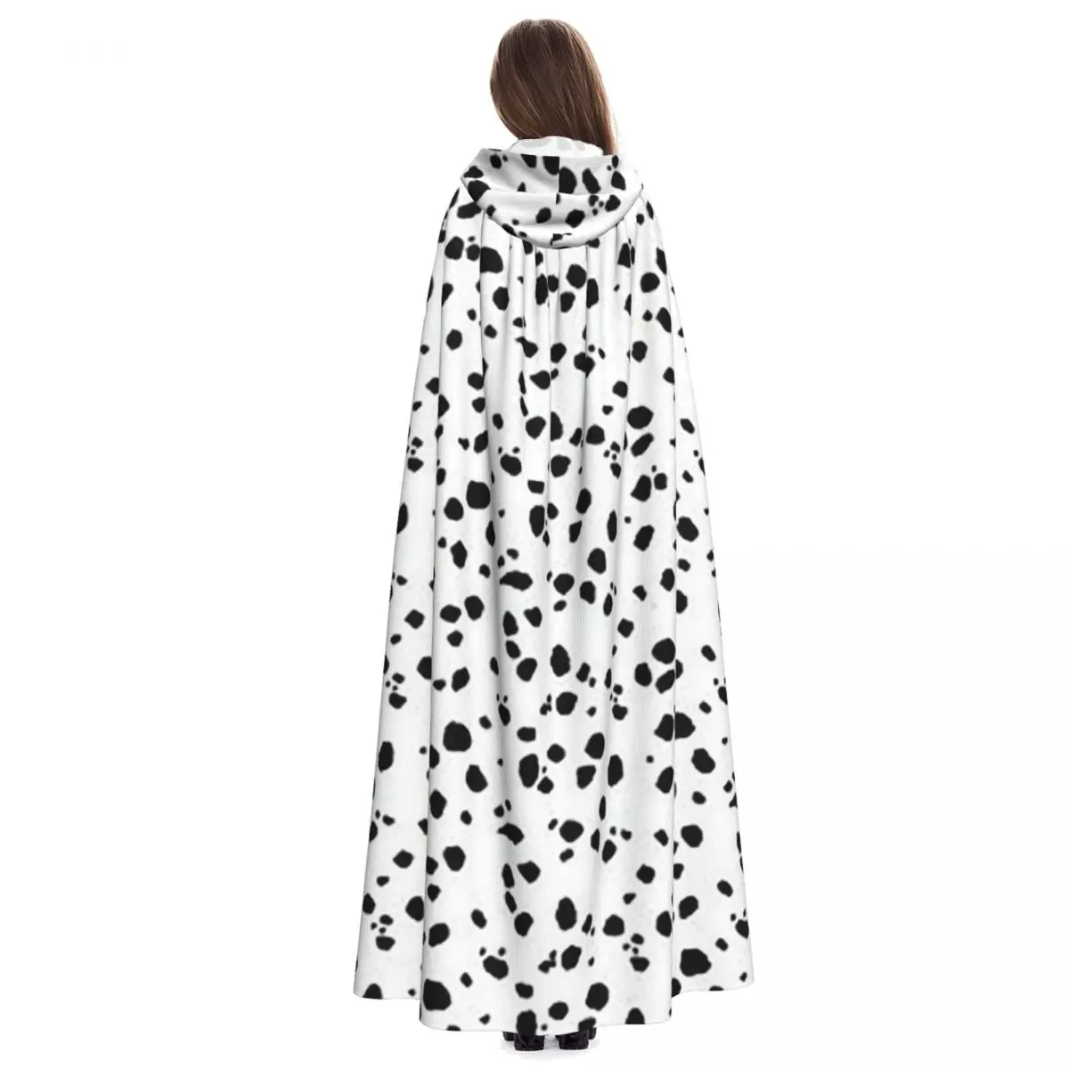 Cute Spots Dots Dalmatian Dog Print Long Hooded Cloak Witch Medieval Costume Cosplay Cape HalloweenVampire Adult Unisex